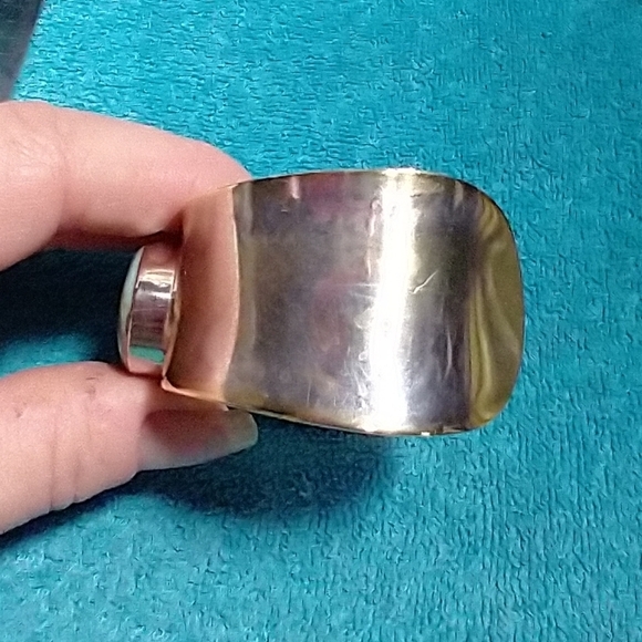 Gold Worn Down To Silver Cuff Bracelet with Faux Turquoise Stone Large Vintage - Picture 5 of 7